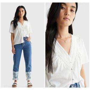 ✨LUCKY BRAND Flutter Sleeve Button Up Embroidered Boho Blouse Sz Small